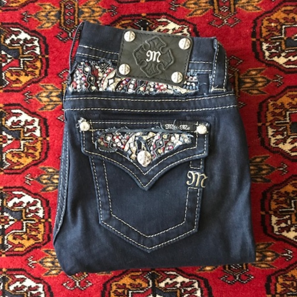 MISS ME Rhinestone Waist Pocket  Detail Dark Jeans